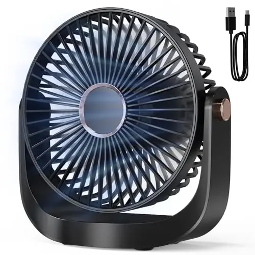 AICPAN Leiser Tischventilator mit Nachtlicht, USB Wiederaufladbar, 5 Geschwindigkeiten, 360° Neigbar, Schwarz
