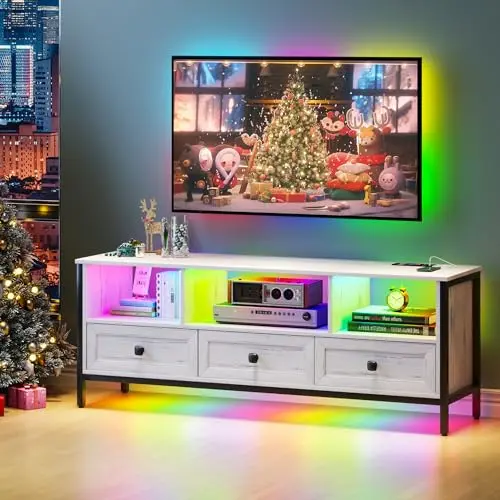 Lvifur LED TV Schrank für 70 Zoll Fernseher, 24 Dimmbar, mit Ladestation und 3 Schubladen, 150 x 40 x 56 cm