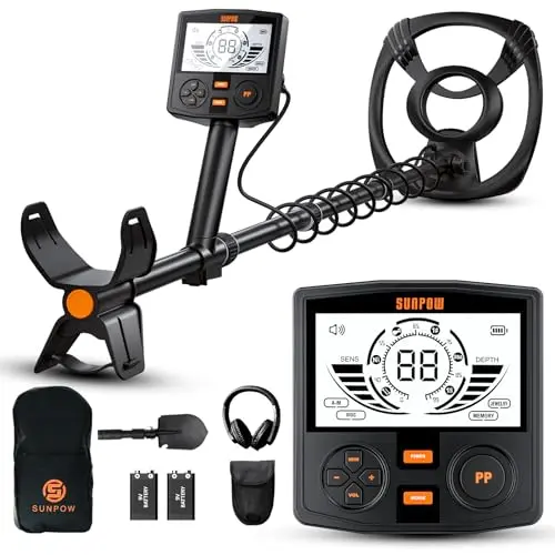 SUNPOW Metalldetektor Profi Set - 3-teilig mit 30cm wasserdichter Spule, 2X LCD Display, 5 Modi, einstellbare Länge (50-150cm)