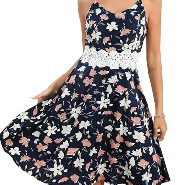 Missufe Damen Sommerkleid V-Ausschnitt Ärmellos Knielang Swing Print (Blau, S)