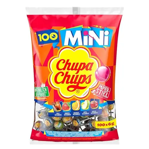 Chupa Chups Mini Lutscher-Beutel, 100 Stück, Cola, Orange, Erdbeere, Apfel & Kirsche, für Feste, 6g pro Lutscher