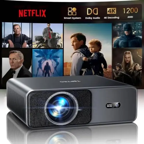 Smart Beamer mit 4K, 1200 ANSI, WiFi, Bluetooth & Dolby Audio – Kompatibel mit Netflix, Autofokus, 6D Trapez, HDR10, FHD 1080P, geräuscharm