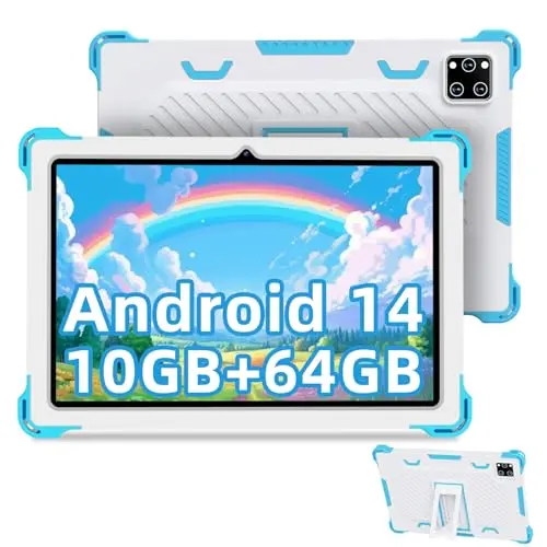 Semeakoko 10 Zoll Kinder Tablet mit Elterlicher Kontrolle, 10GB RAM, 64GB ROM, Anti-Fall Schutzhülle, Blau