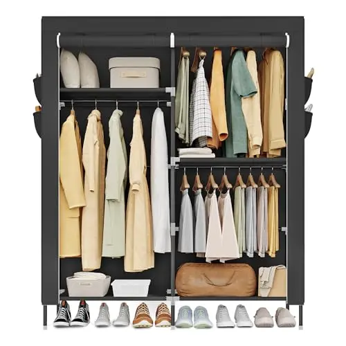 SONGMICS Stoffkleiderschrank, 3 Hängfächer, mit Kleiderstange, Ablagen und Seitentaschen, 45x127x180 cm, schwarz
