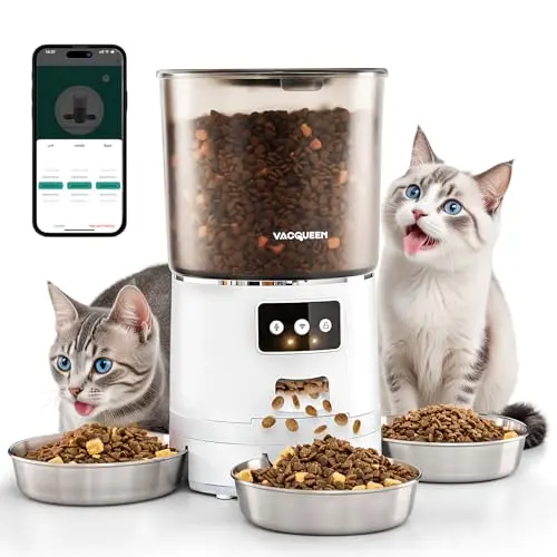 Futterautomat mit App für Katze und Hund, 6L, 3 Näpfe, WiFi, Anti-Verstopfungssystem, Trockenmittel, 150 Zeichen