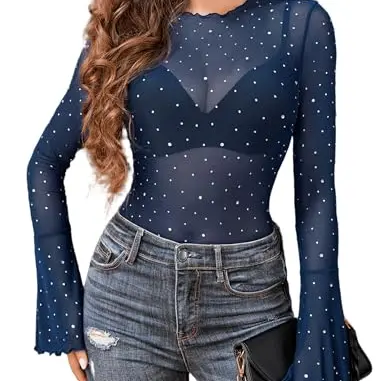 Avidlove Damen Elegantes Langarmtop für Sommer und Festivals - Blau, Größe S
