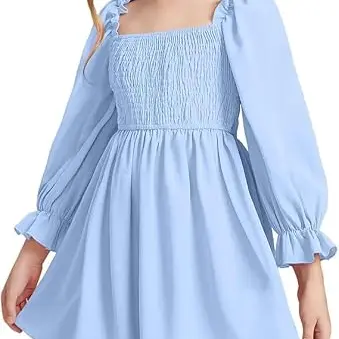 Mädchen Kleid Rüschen Langarm A-Linie Freizeitkleid Prinzessin Festlich Hellblau für Hochzeit und Geburtstag
