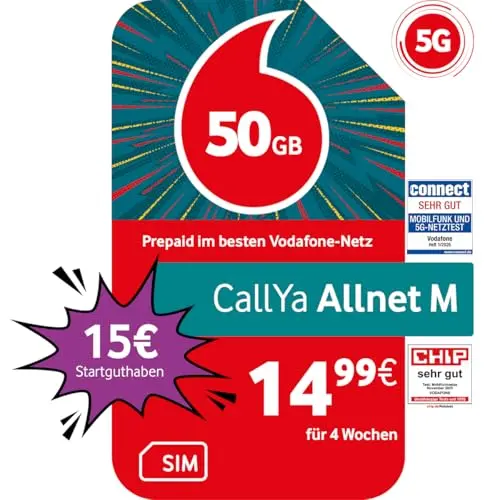 Vodafone Prepaid CallYa M mit 50 GB, 15 EUR Guthaben, ohne Vertrag, Allnet Flat, EU-Roaming, weltweit nutzbar