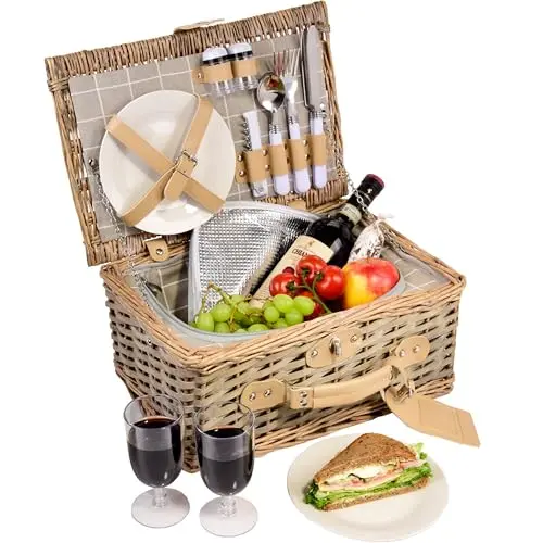 Sänger Picknickkorb Amrum, 13-teiliges Set für 2 Personen mit Besteck und Geschirr