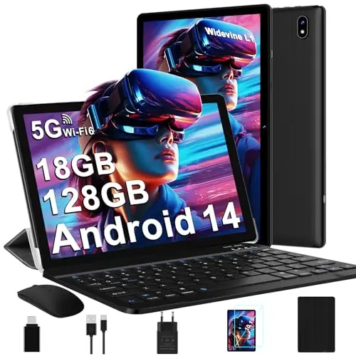 DMOAO 10 Zoll Tablet Android 14, 5G WLAN, 18 GB RAM, 128 GB ROM, Octa-Core, FHD IPS, 6000 mAh, inkl. Tastatur und Maus, Schwarz