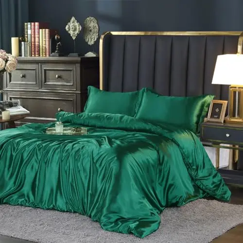Luxuriöse Satin-Bettwäsche Set 135x200 cm in Dunkelgrün mit Kissenbezug 80x80