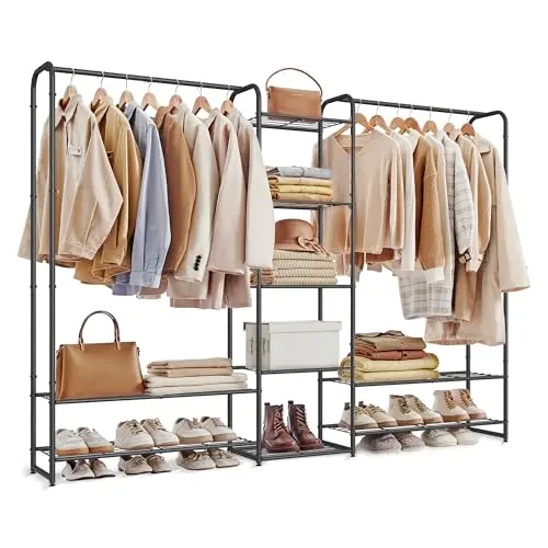 SONGMICS Offener Kleiderschrank mit Ablagen, Freistehender Garderobenständer, Mattschwarz, 29 x 183 x 158,4 cm
