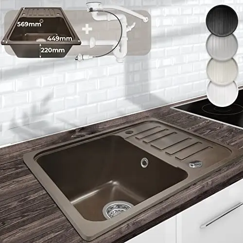 Aquamarin® Granit-Spülbecken, 56,9 x 44,9 cm, mit umkehrbarer Abtropffläche, braun