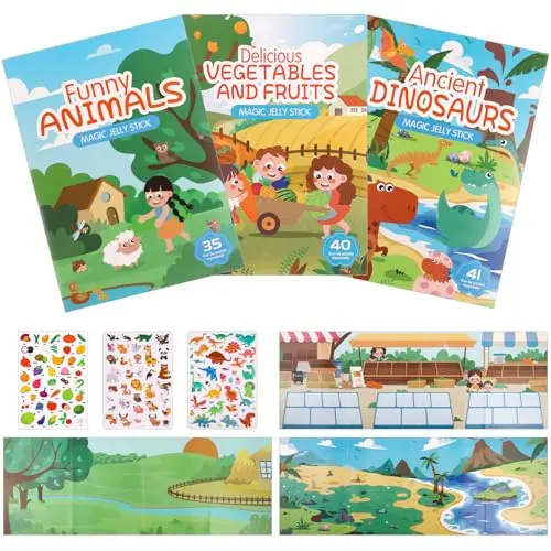 Kaisibum 3er Set Wiederverwendbare Stickerbücher für Kinder – Dinosaurier, Tiere, Obst und Gemüse, pädagogisches Spielzeug