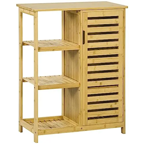 Kleankin Badezimmerschrank mit 3 offenen Ebenen und Kippschutz, Bambus, Natur, 66 x 33 x 87 cm