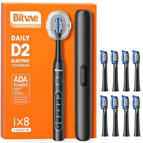 Bitvae D2 Elektrische Zahnbürste - Wiederaufladbar für Erwachsene & Kinder, 8 Köpfe, 5 Modi, Smart Timer, Schwarz