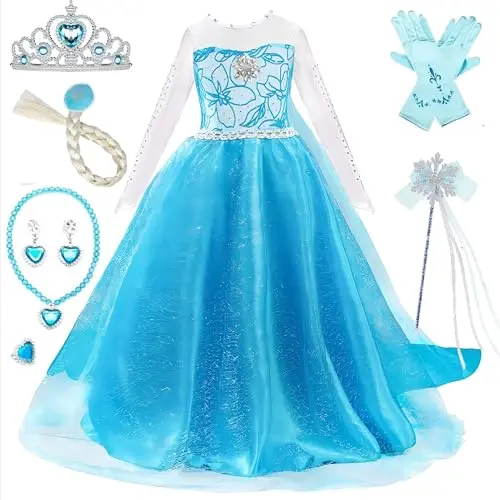 Timesun Mädchen Prinzessin Kostüm Set - Karneval Cosplay in Blau und Weiß mit Diadem, Handschuhen, Zauberstab, Perücke und Zubehör