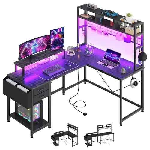 YITAHOME Gaming Tisch L-Form mit LED-Lichtern, 150 x 100 cm - Reversibler Eckschreibtisch für Home Office, Schwarz