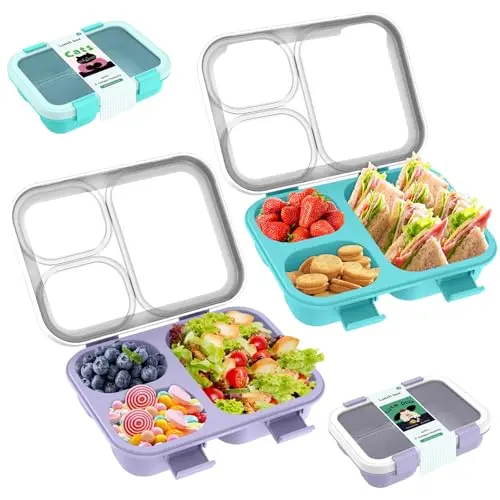 2er Set Bento-Box, 850 ml, 3-fach Lebensmittelbehälter, stapelbar, mikrowellengeeignet, ideal für Schule und Reisen