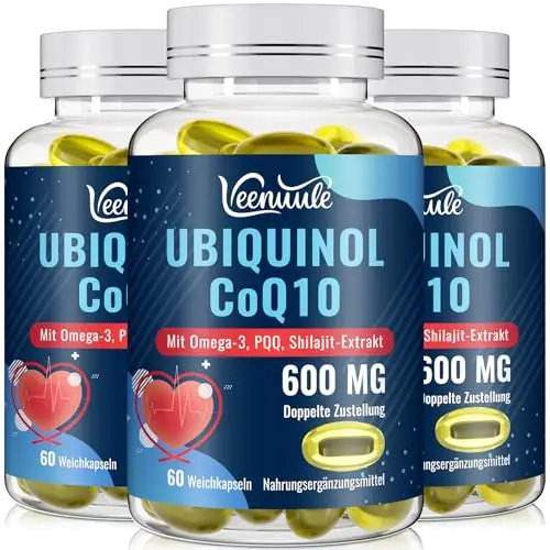 Ubiquinol CoQ10 600 mg Weichgelkapseln mit Shilajit-Extrakt, Omega-3 und PQQ - 60 Stück, Packung von 3