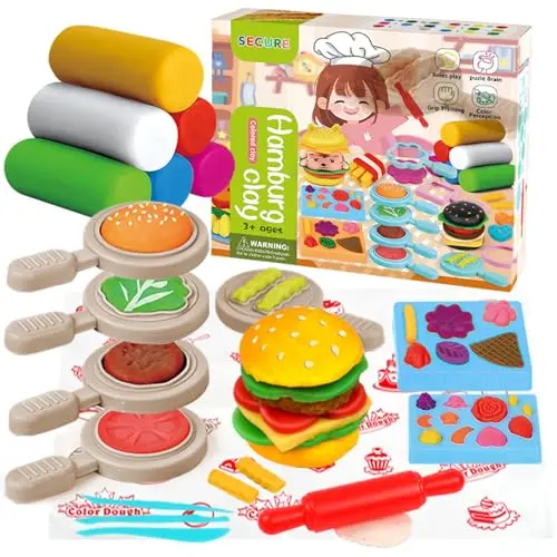 Kreative Hamburger Küche, Knete Set für Kinder mit 6 Dosen und Zubehör, Spielzeug Geschenk für Mädchen & Jungen 2-10 Jahre