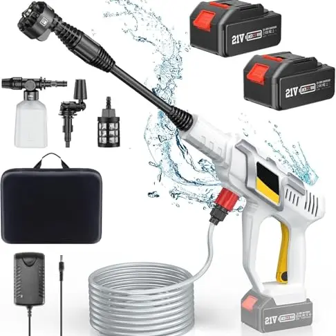 Akku-Hochdruckreiniger mit 4000mAh, 970 PSI, 6-in-1 Düse, Schaumpistole, 2 Batterien