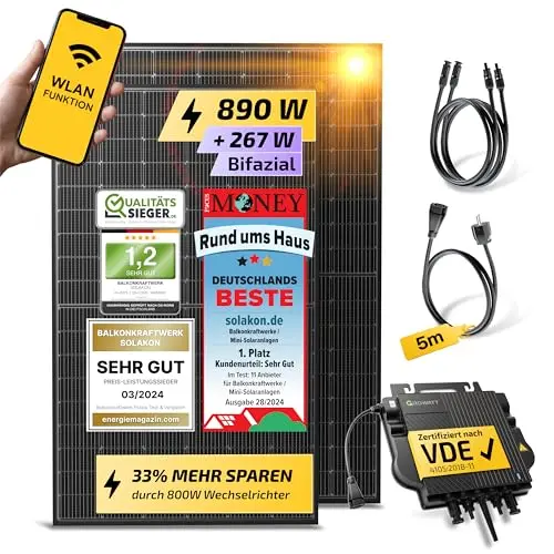 Solakon 800W Balkonkraftwerk mit 450W bifazialen Modulen, 800W Wechselrichter, komplett inklusive Zubehör