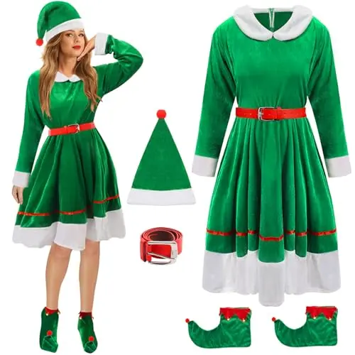 Mprocen Elfen Weihnachtskleid Set für Damen mit Hut, Gürtel und Stiefelstulpen für festliche Anlässe