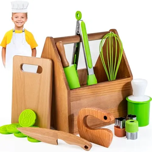 WOODMAM Kinderküche Zubehör Set mit Kochmütze und Schürze – Geschenk für Kinder ab 3 Jahren