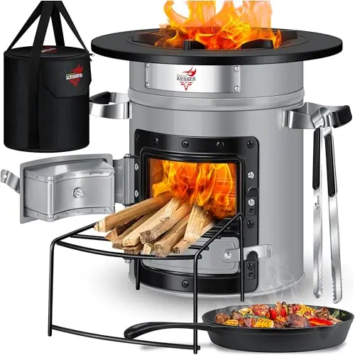 KESSER® Raketenofen mit Grillpfanne aus Gusseisen und Tragetasche | BBQ Holzofen für Camping