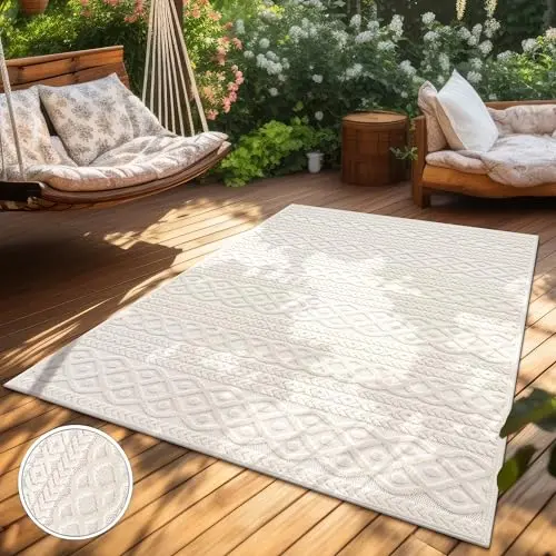 Paco Home Teppich für In- & Outdoor, modernes Boho Design, robust & wetterfest, 60x100 cm, Farbe: Creme