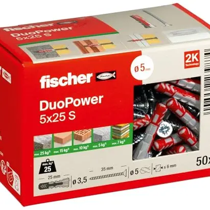 fischer DuoPower 50 Dübel + 50 Schrauben, universeller Kunststoffdübel für Beton, Ziegel, Stein und Gipskarton