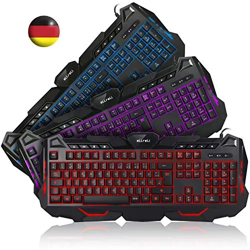 aLLreli K617 Beleuchtete Tastatur - QWERTZ, USB, 3-Farbig LED für Gaming und Büro, Schwarz