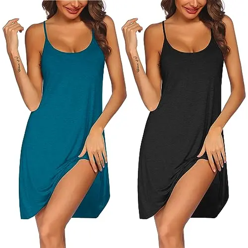 Ekouaer 2 Stück Damen Nachthemd Ärmelloses Negligee Kurz Nachtkleid Sleepwear, Schwarz/Blau Grün, M