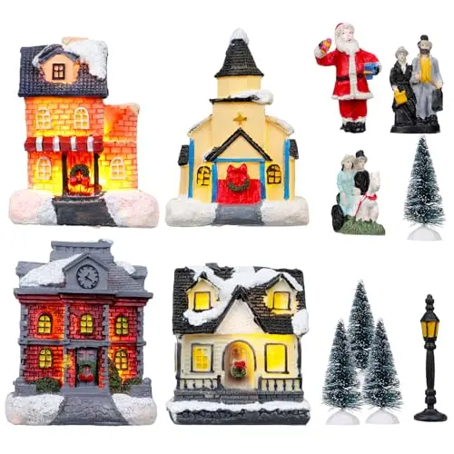Fizzyo Weihnachtsdorf mit Beleuchtung - 12 Miniatur-Häuser und Figuren für festliche Tisch- und Kaminsimsdekoration