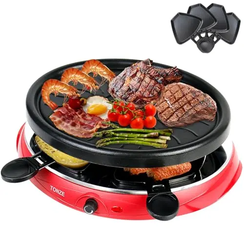 Raclette Grill für 4 Personen - Ovaler Antihaft Partygrill mit 4 Pfannen und Spatel - 900 W