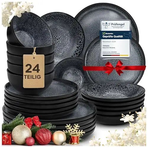 Twinzee 24-teiliges Geschirrset für 6 Personen - Mikrowellengeeignetes Tafelservice - Riviera Kollektion