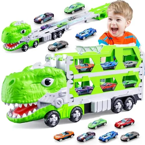 iKidiki Dinosaurier Spielzeug für Jungen 2-4 Jahre - LKW Spielzeugautos mit 6 Rennautos