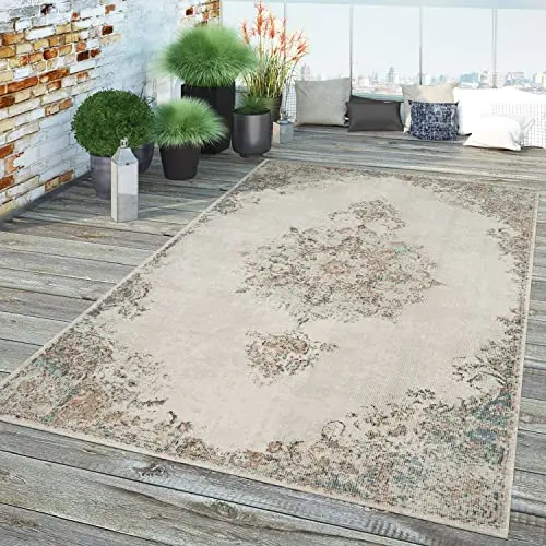 TT Home Vintage Design Wetterfester Teppich für Küche und Balkon, Creme, 60x100 cm