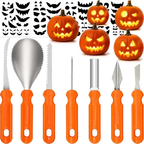 BELSVOR 7 Stück Halloween Kürbis Schnitzset mit 4 Aufklebern, ideal für Kinder und Erwachsene, Halloween-Dekorationen