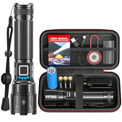 BUCASA LED Taschenlampe Aufladbar 1000000 Lumen, Extrem Hell, Wasserdicht, 5 Modi für Outdoor Notfälle