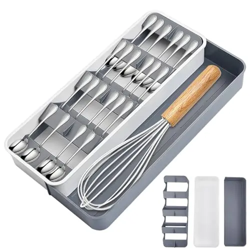 SPORWAY Besteckorganizer 39x22.6 cm - Weiß/Grau, erweiterbarer Küchen-Besteckkasten für Schubladen