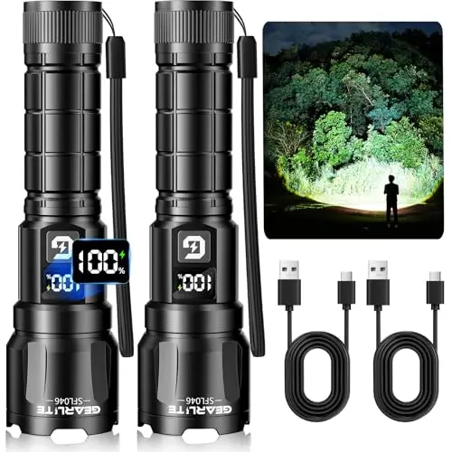 GEARLITE LED Taschenlampe aufladbar, 2 Stück, 6000LM, wasserdicht, mit LCD Batterie Display, für Camping und Wandern