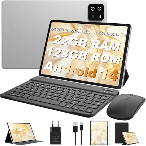 10 Zoll Android Tablet mit 128GB Speicher, Octa-Core, 8000mAh und Tastatur-Maus-Set - Silber