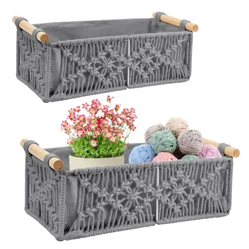 HEKOBAG 2er Set Gewebte Aufbewahrungskörbe im Boho-Stil mit Griff - Grau für Badezimmer, Wohnzimmer und Schlafzimmer