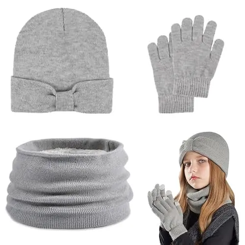PORUPAEL Wintermütze Set für Kinder, Strickmütze mit Loop Schal und Handschuhen, für Jungen und Mädchen 3-8 Jahre (Grau)