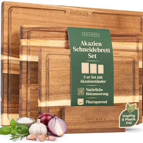 Edelhaus Schneidebrett Holz 3er Set aus Akazie, verschiedene Größen, mit Saftrille, für die Küche