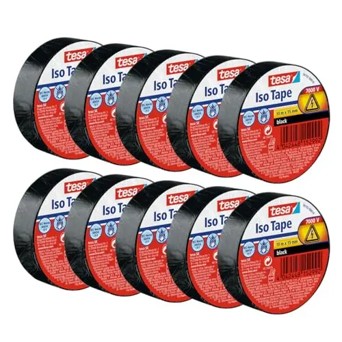 tesa Isolierband 10 m schwarz - Selbstklebend, hitzebeständig - 10er Pack