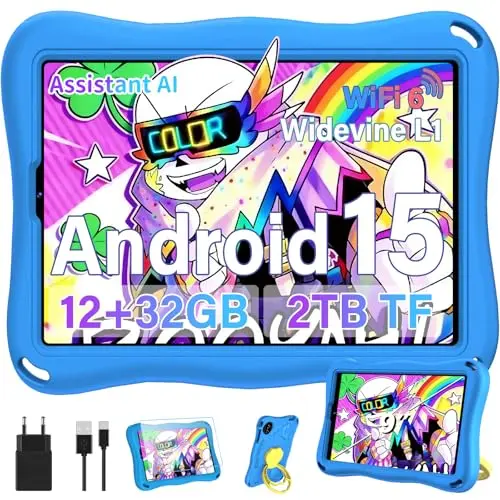 Kinder Tablet 9 Zoll, 32GB ROM, Android 15, Face ID, Eva Case Blau