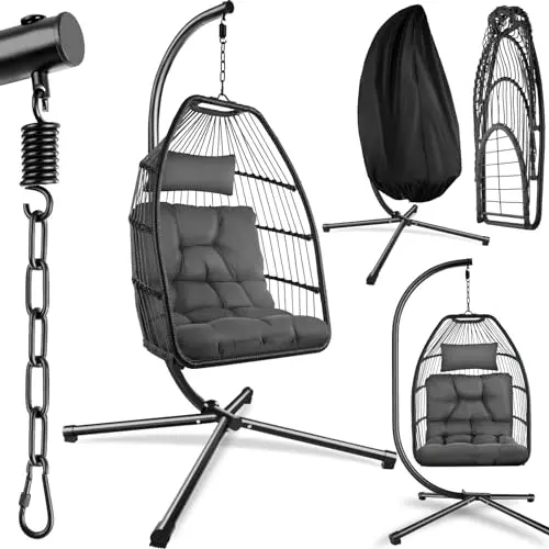 tectake® Hängesessel mit Gestell, Kissen für Wohnzimmer, Jugendzimmer, Balkon - belastbar bis 160kg - dunkelgrau